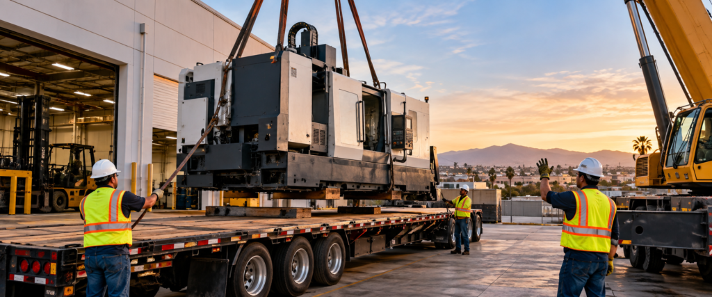 Heavy machinery being loaded onto a flatbed trailer outside an industrial facility