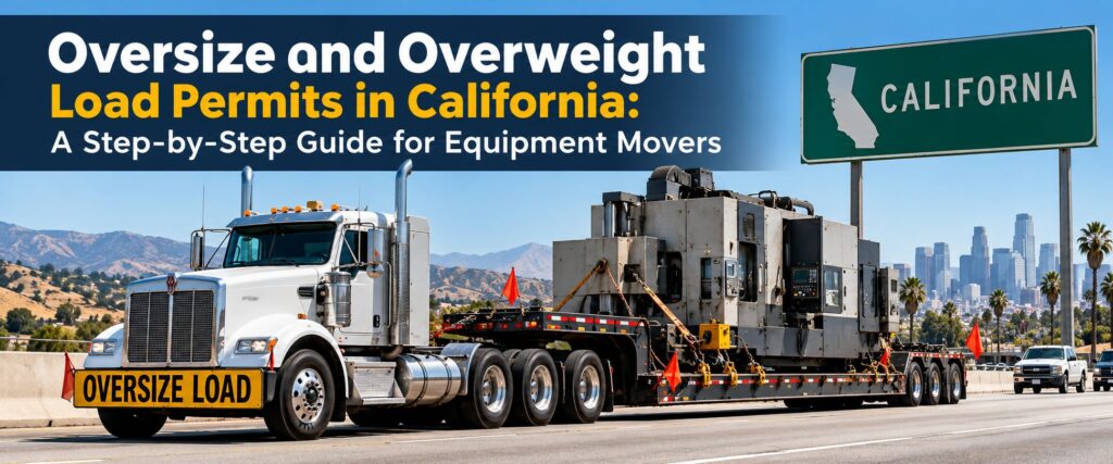 Heavy-duty truck transporting oversized industrial machinery on a California highway.